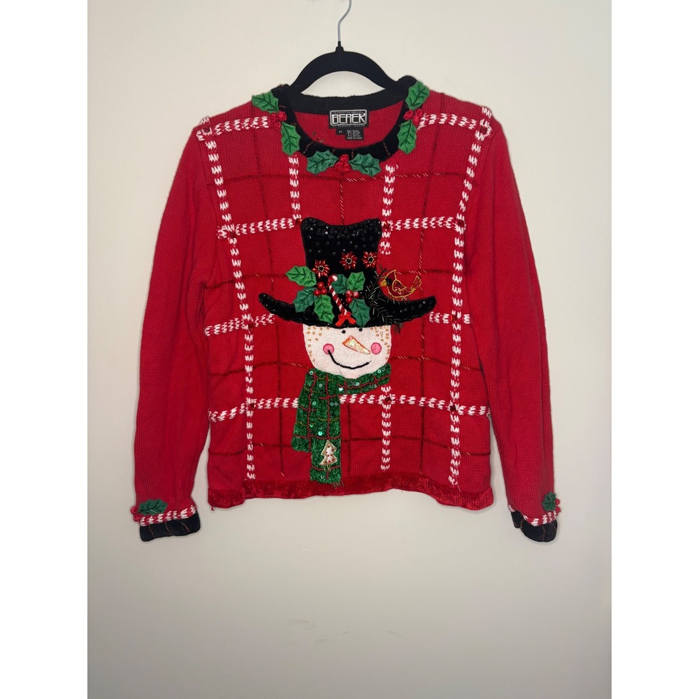 Vintage Berek by Saxo‎ Christmas Snowman Beaded Sequined Sweater Cardinal Sz M